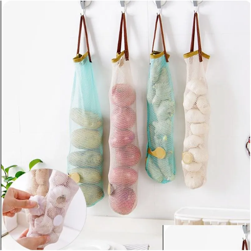 Storage Bags Hangable Fruit Vegetable Mesh Bag Mtifunctional Hollow And Breathable Onion Hanging Household Kitchen Supplies Drop Del Dhasl