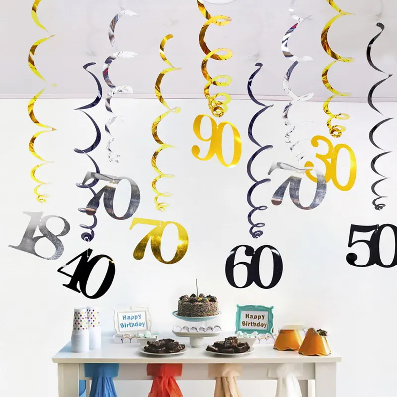 Other Event Party Supplies 6pcspack Spiral 18 21 25 30 40 50 60 70 80 90 Years Old Birthday Swirls Hanging Ornaments Black Gold Silver birthday Decor 230522