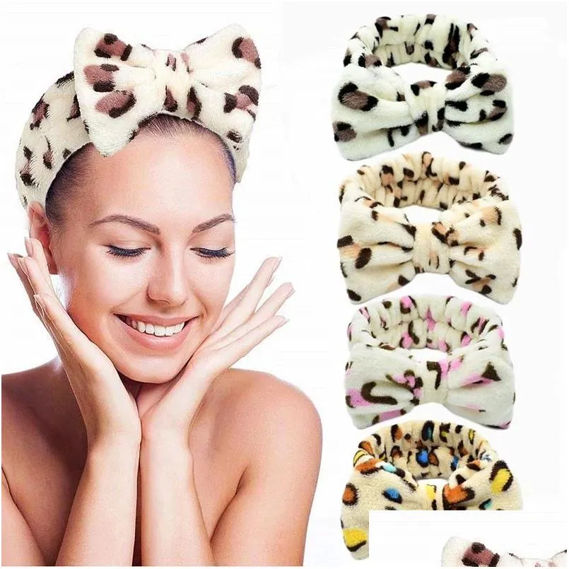 Party Favor Leopard pannband Coral Fleece Ladies Wash Face pannband Bow Hair Band 6 Colors Drop Delivery Home Garden Festive Supplie Dhjx3