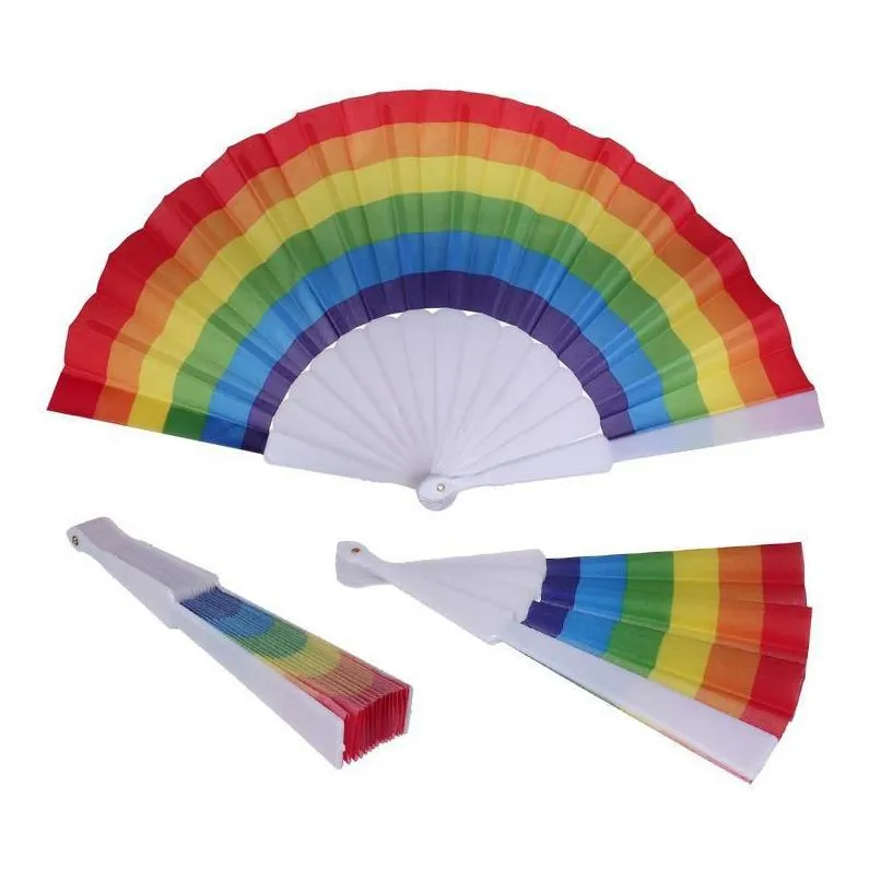 Konst och hantverk Fashion Folding Rainbow Fan Plastic Printing Colorf Home Festival Decoration Craft Stage Performance Dance Fans 43x2 DHH4Z