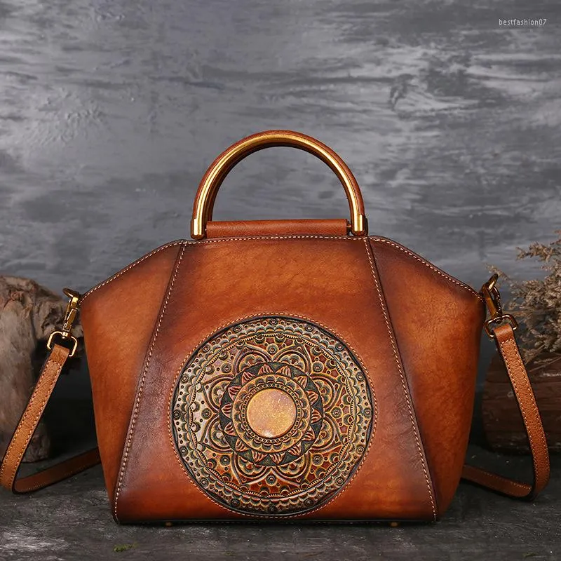 Taillezakken Echte reliëf lederen messenger tophandgreep zak retro handtas totem patroon natuurlijke huid vrouwen schouder kruislichaam tote