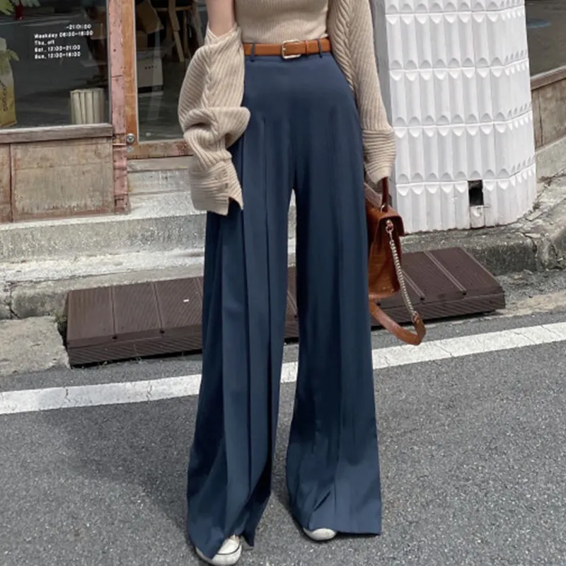 Pantalon long coréen taille haute plissé ample pour femme SML
