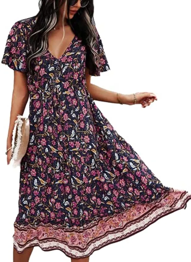 Bohemian Floral Print womens boho maxi dress for Women - Short Sleeve, Casual, Perfect for Summer - Available in Sizes S-2XL Bohemian Floral Print womens boho maxi dress for Women - Short Sleeve, Casual, Perfect for Summer - Available in Sizes S-2XL