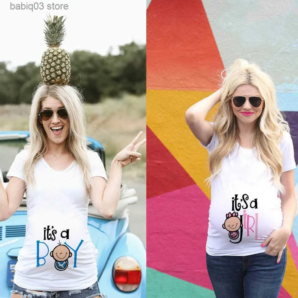 Tops de maternité Tees C'est un T-shirts d'annonce de grossesse pour garçon / fille Cartoon Print Grossesse Plus-Size T-shirt à manches courtes Tops Vêtements de maternité T230523