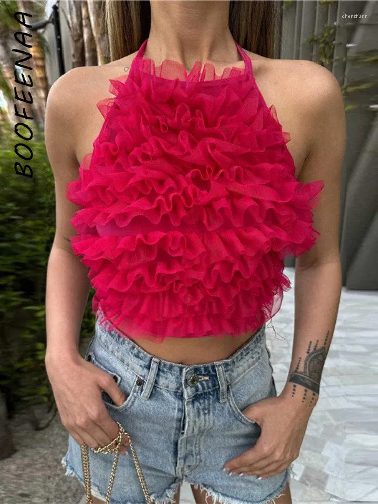 Czołgi damskie Boofeenaa Mesh plish kantar Tops Kobiety 2023 Summer Backless Top Top Sexy Resort Zużycie Camis Pink zielony czarny C83-BI12