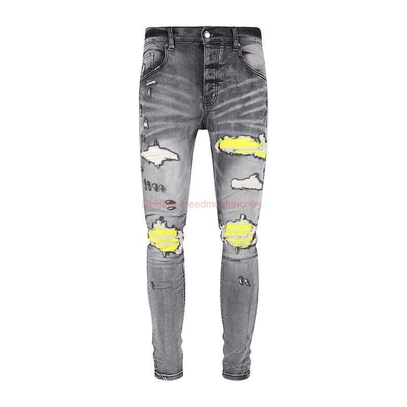 Дизайнерская одежда Amires Jeans Denim Pants 2023 New Amies Mens Yellow Split Leather Grey Fashion Slim Fit Jeans Проблемные рваные узкие мотоциклетные байкерские рок-хип-хоп