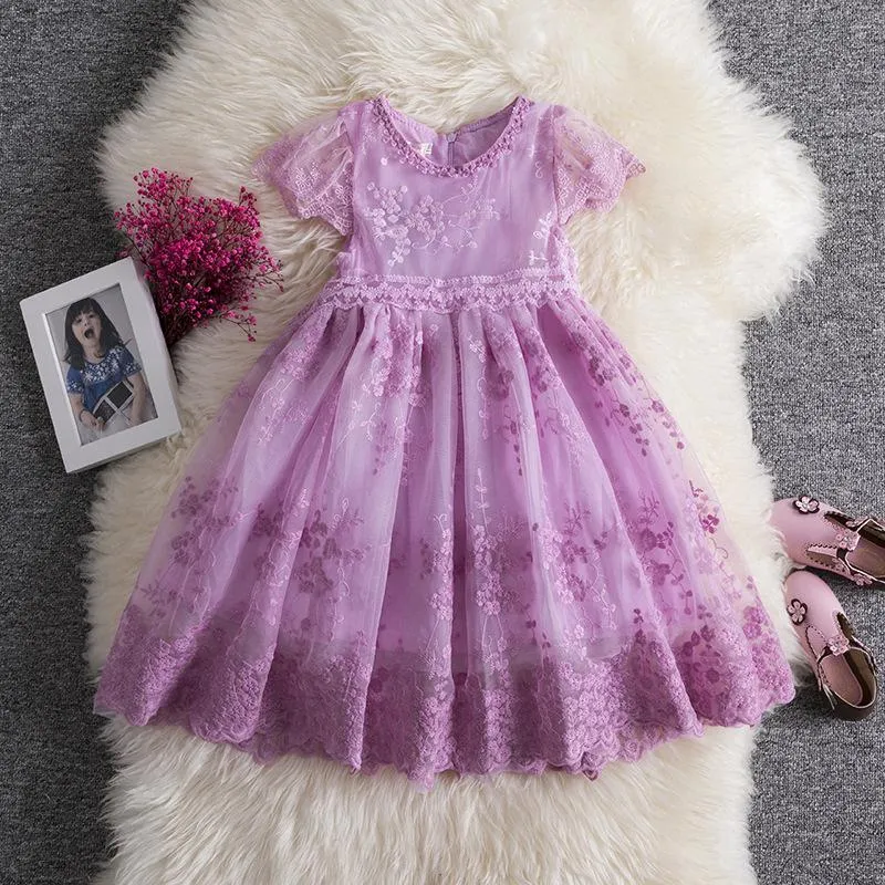 Sukienki dla dziewczynki sukienki dla niemowląt letnie krótko-rękawowe dziewczyny koronkowe haftowane przędza księżniczki Słodka przyjęcie urodzinowe