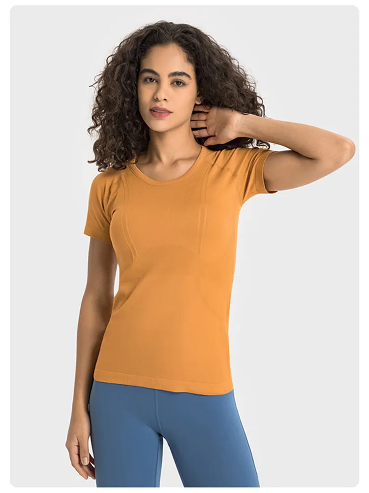 ll Damen-Yoga-Outfit, kurzärmelig, Rundhalsausschnitt, atmungsaktiv, nahtlos, Fintness Gym, kurzes Top, Sommerhemden S2067