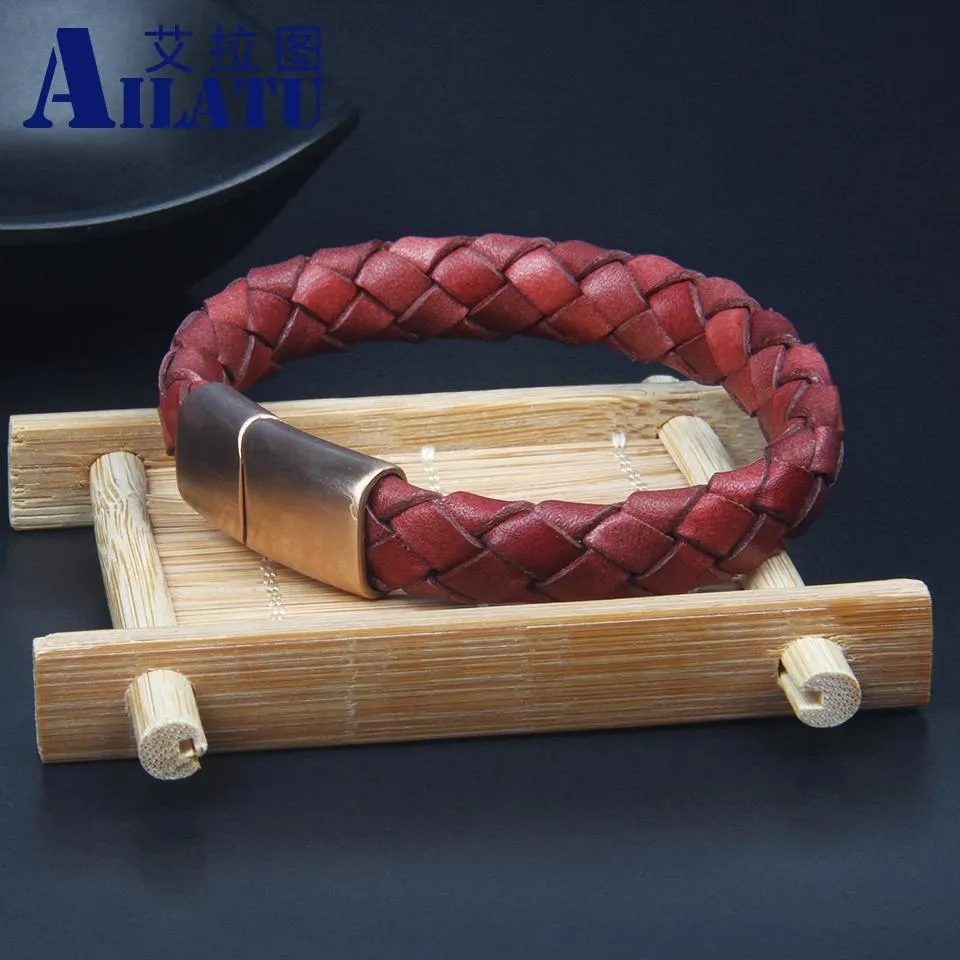 Bracelets Ailatu 10pcs 클래식 빈티지 가죽 스테인레스 스틸 팔찌 장미 금색 버튼 액세서리 크리스마스 선물