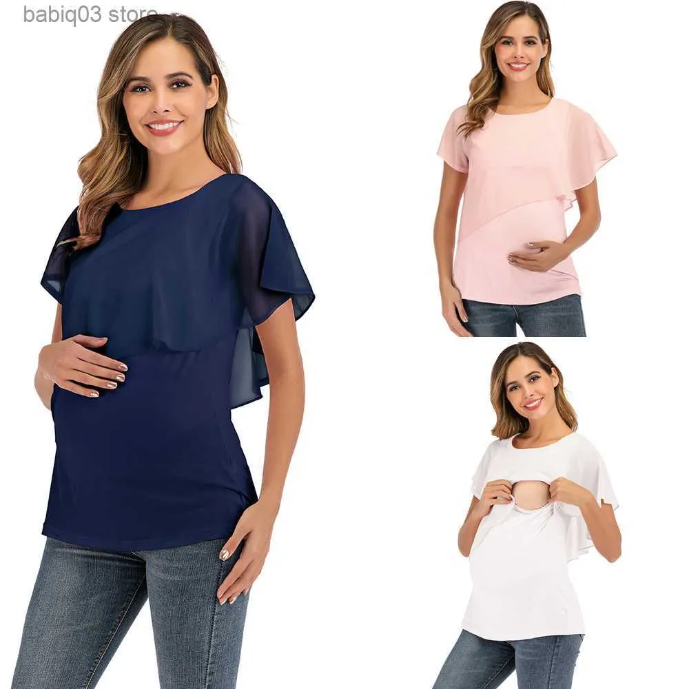 Maternité Tops Tees 2022 Nouvel été Femmes Enceintes Maternité Allaitement T-shirts Femmes Maternité Allaitement Wrap Top Sans Manches Double Couche Blouse Tee T230523