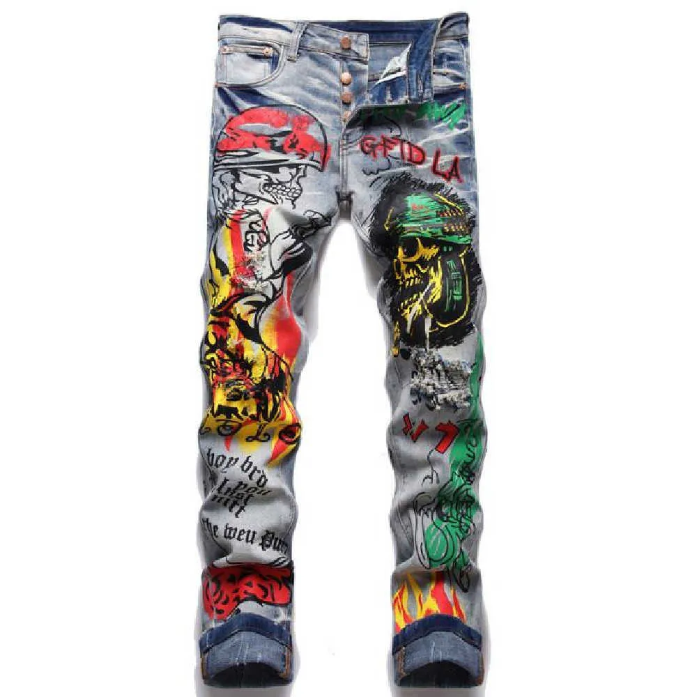 Mode homme Punk tendance rétro bleu trou mince rayure imprimé petit pied personnalisé Graffiti jean P230522