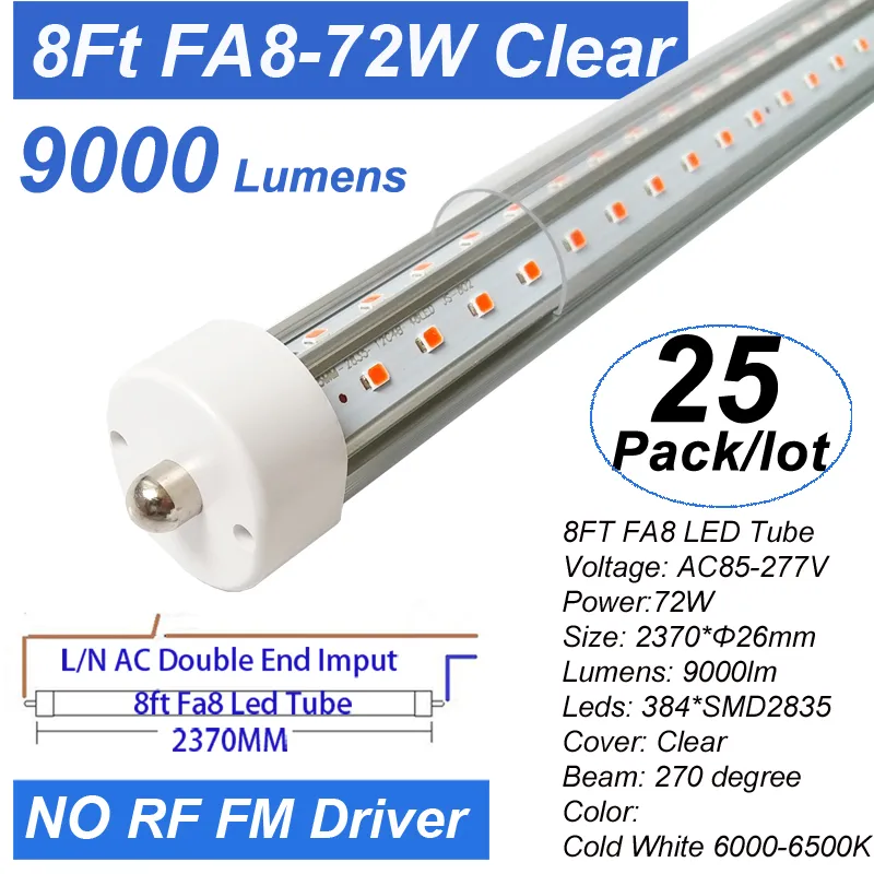 T8 T10 T12 8ft 5ft Led Tube B Q Light 8ft Single Pin FA8 Base 72W 9000LM 6500K Cool White 8 Foot Double Side V Shape LED Fluorescent Bulbs 250W Replacement Clear Cover Crestech From