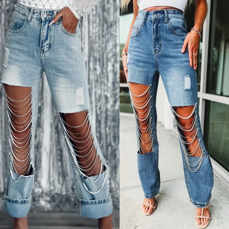 Kadınlar yırtık kot pantolon vintage içi boş delik zinciri düz kotlar sonbahar yüksek bel gevşek denim uzun pantolon gündelik sokak kıyafeti pantolon