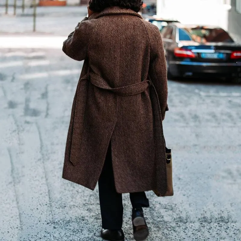 Vintage Wool Blend Chesterfield Coat Overcoat Thicken Warm Lapel