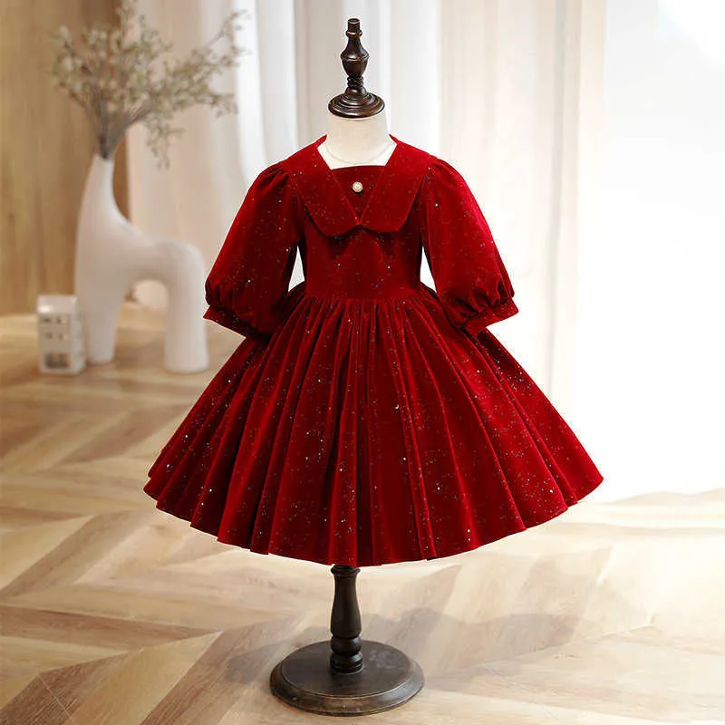 Girl's Dresses Children's One Year Red Wine Sleeping Flower Princess Tutu Short Dress Little Girl Clothing G220523