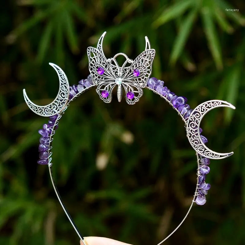 Pinces à cheveux en cristal de sorcière, améthyste, croissant de lune, papillon, déesse, fée, couronne, elfe païen, bijoux pour femmes