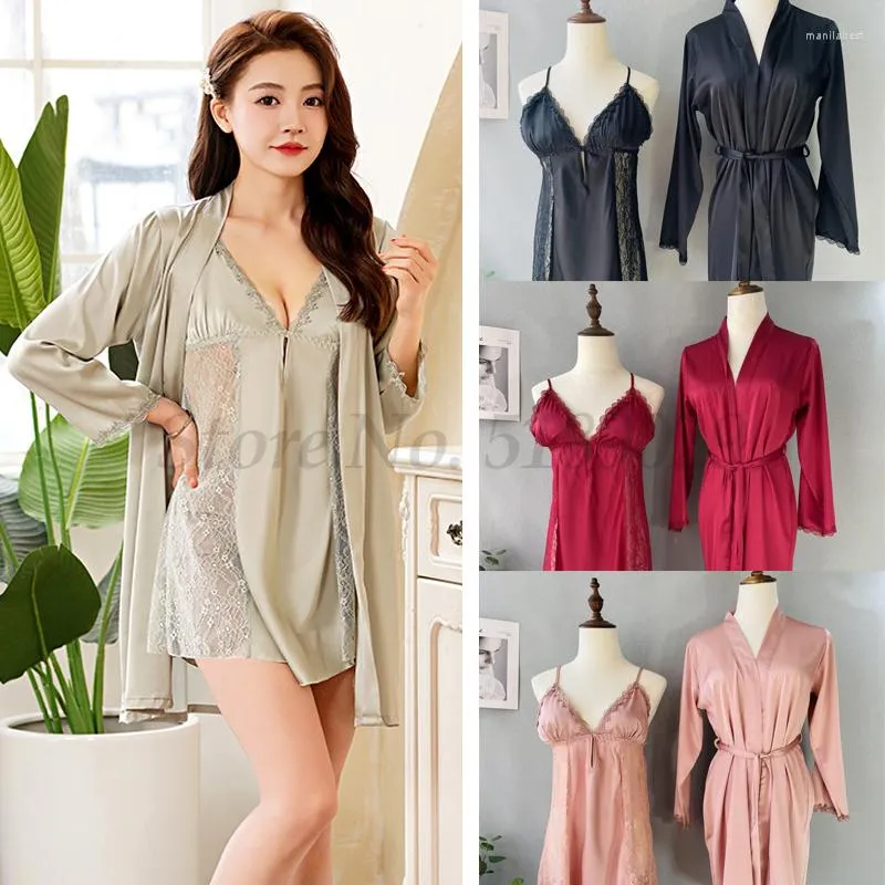 Kvinnors sömnkläder loungewear 2st kimono mantel set kvinnor perspektiv spets nattkläder badrock sexig satin lapptäcke hemklänning klänning