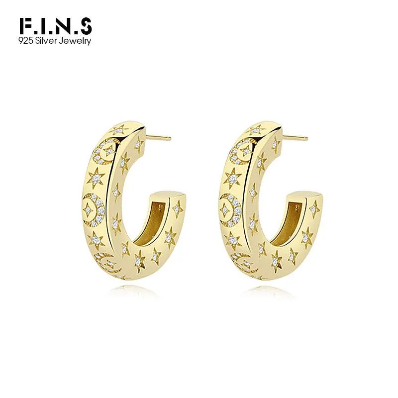 Huggie F.I.N.S Luxury Solid 925 Sterling Silver Gold Earrings Cshaped Hoop Earrings Zircon Moon Star Crystal Wedding Ear Fine Jewelry