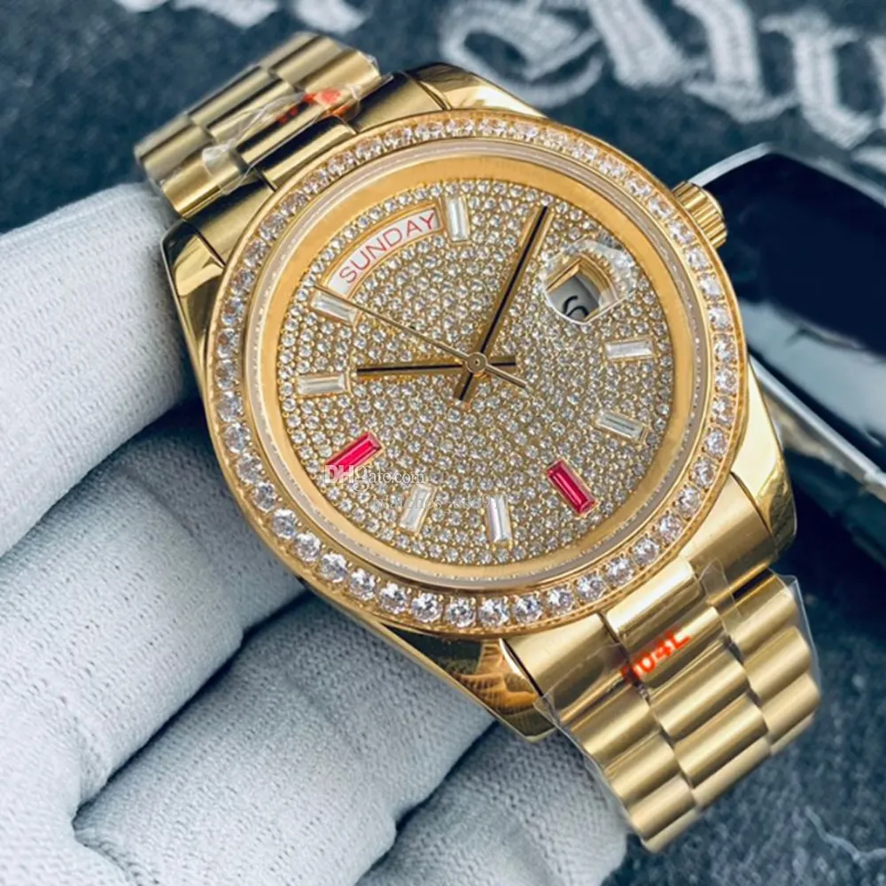 Gouden roestvrijstalen riem casual zakelijke horloges vouwen clasp mode heren horloge 41 mm diamanten wijzerplaat luxe cadeaus