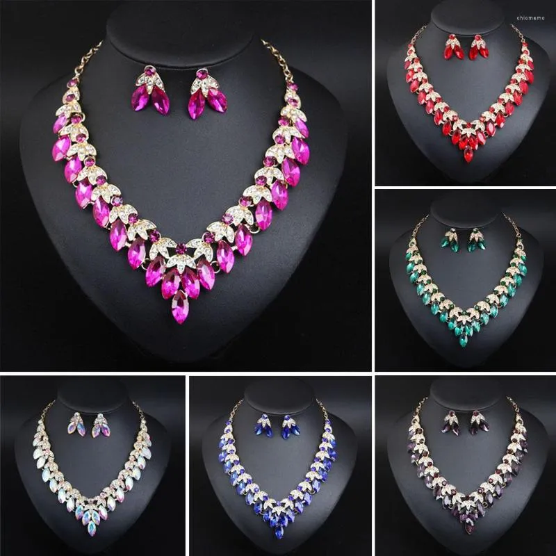 Necklace Earrings Set Elegant Charm Crystal Jewelry Bridal Wedding Rhinestone Sets For Women Chain Collar Nigeria Dubai Choker