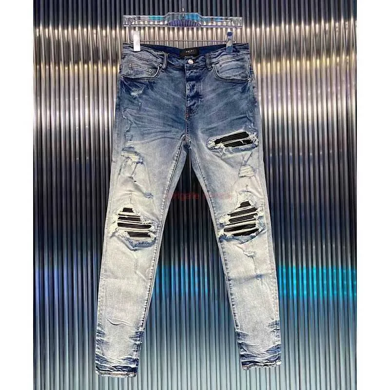 Designer Roupas Amires Jeans Calças Jeans Amies Lavado Danificado Escovado com Revestimento Prateado Combinação Preta Couro Azul Jeans Slim Fit Distressed Rasgado Skinny
