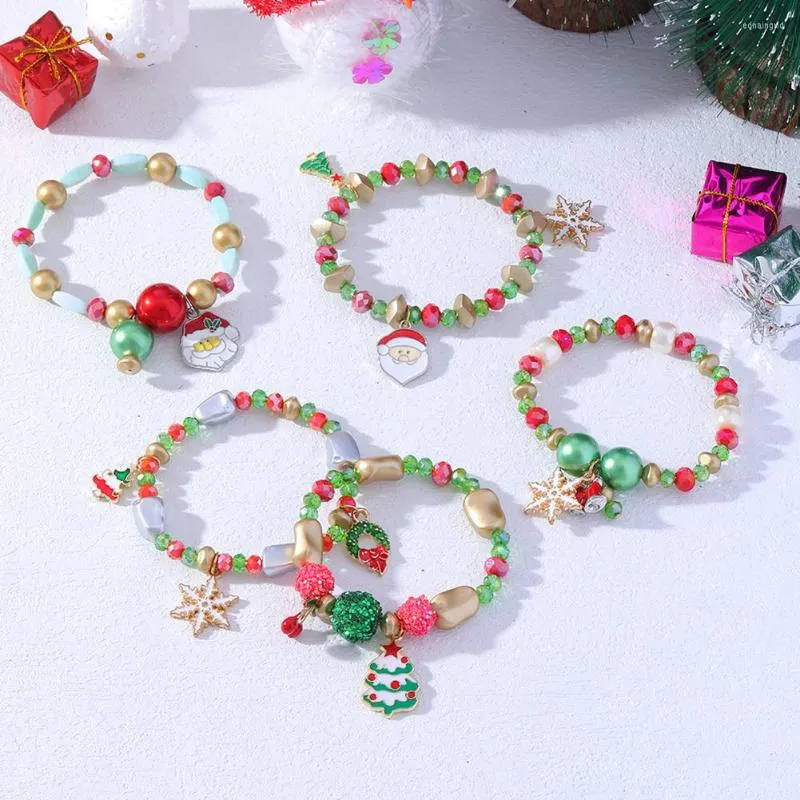 Link Bracelets 2023 Fashion Red Green Christmas Themed Bracelet For Women Beaded Claus Hand Chain Crutch Reindeer Party Jewelry Gifts