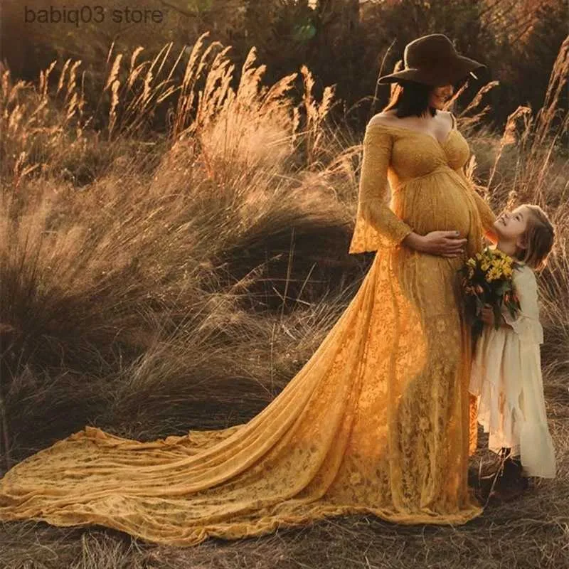 Lace Maternity Dress for Photo Shoot Long Pregnancy Dress Flare Sleeve Maxi Gown Photography Props 2024 Gold Women Maternity Ankle Length