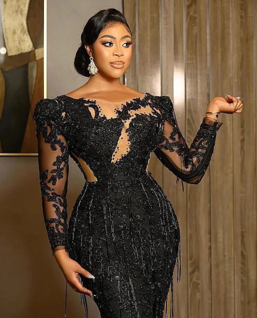 black gala dress with sleeves Final Sale Plus Size Gown with Layered Sleeves in Glitter Black Fabric main image 0