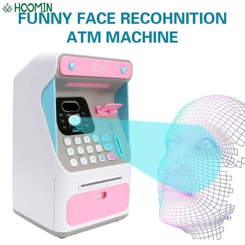 Dekorativa objekt Figurer Auto Scroll Paper Banknote ATM Machine Cash Box Simulerat Face Recognition Electronic Piggy Bank Gift for Kids Money Boxes G230523