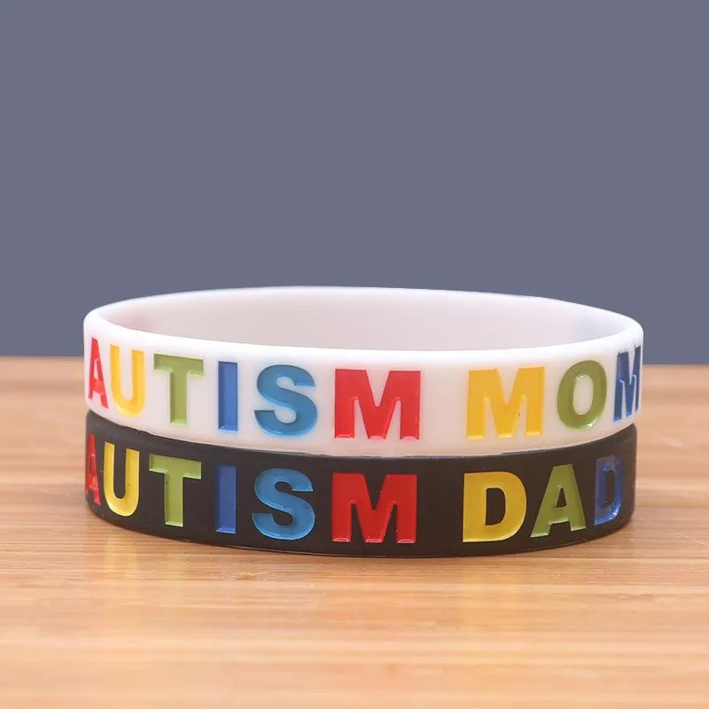 Armbänder PBR157(10) „Autism Dad and Mom“-Aufdruck, schwarz/weiß, Puzzleteile, Band, Autismus-Bewusstseinsarmband, Silikonkautschuk-Armbänder