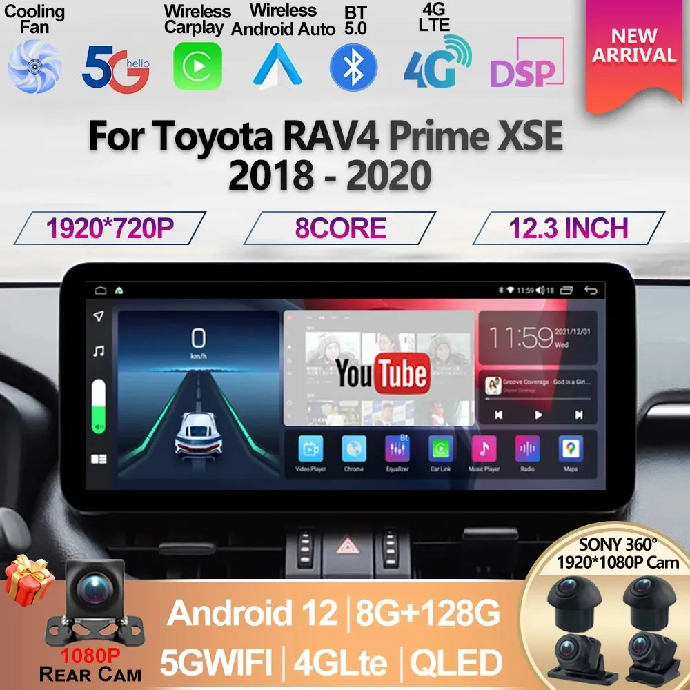 For Toyota RAV4 Prime XSE 2018-2020 12.3inch Android 12 Screen Car Multimedia Video Player GPS Navigation Radio Carplay HeadUnit
