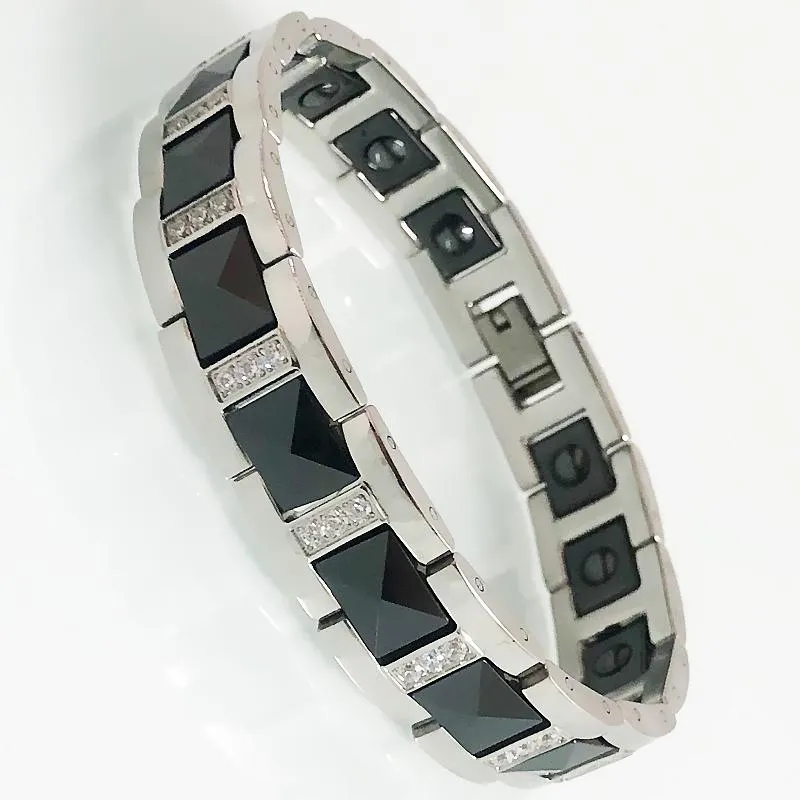 Bangle Black Ceramic Men's On Hand Bracelets Crystals Inlay Stainless Steel Health Care Germanium Bracelet For Men Male Jewelry Gifts