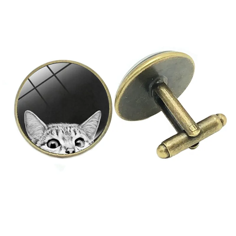 New Jewelry Cufflinks Cute White Cat Creative Time Glass Convex Men's Cufflinks Gift High-grade French Shirt Sleeves Nails