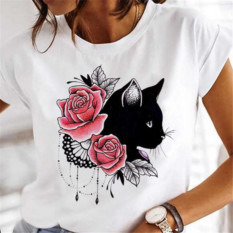 T-Shirt Mode Cartoon Katze Blume Niedlich 2022 Frühling/Sommer Kleidung Flache frauen Gedruckt T-shirt P230523