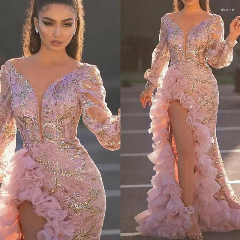 Casual Dresses 2023 Spring Spot Sexy V-Neck Mesh Sequin Long-Sleeved High-Waisted Slit Pink Peplum Train Dress