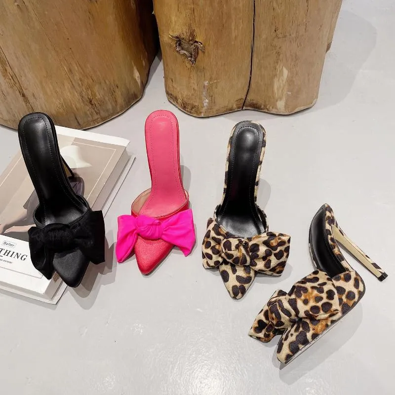 Slippers Fashion Sexy Leopard Print Bow Half Slipper Pointed Tip Women High Heels Sandals Mules Slides Heel