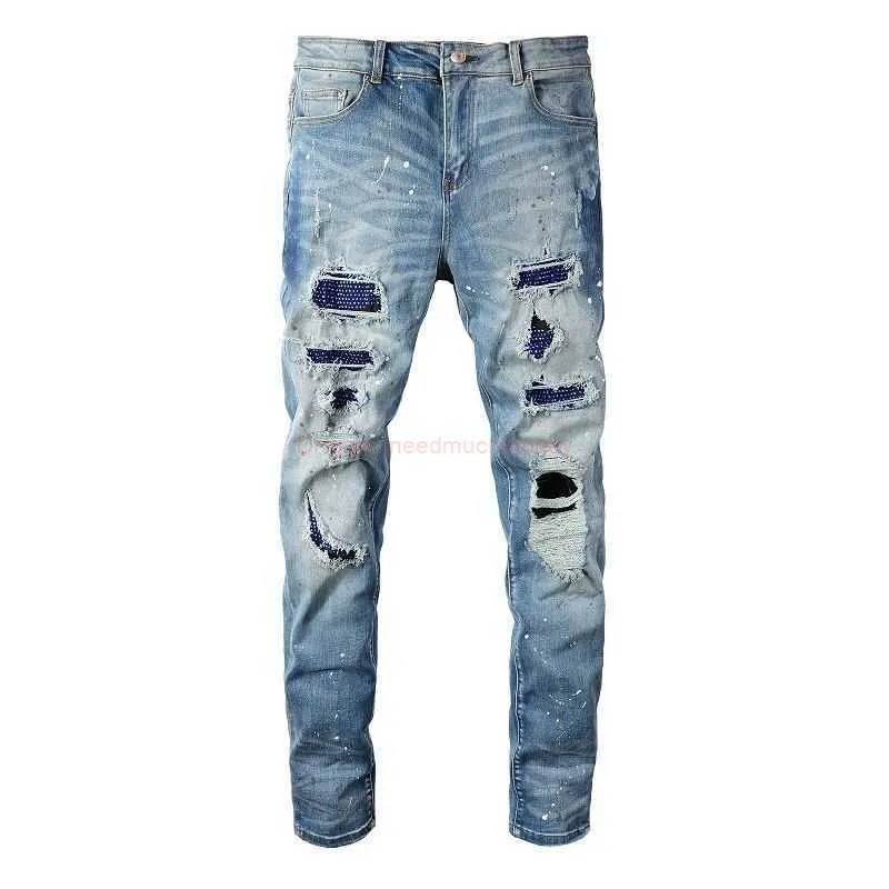 Designer Clothing Amires Jeans Denim Pants Amies High Street Fashion Brand Blue Diamond Fashion Mens Broken Hole Patch Embedding Diamond Blue Jeans