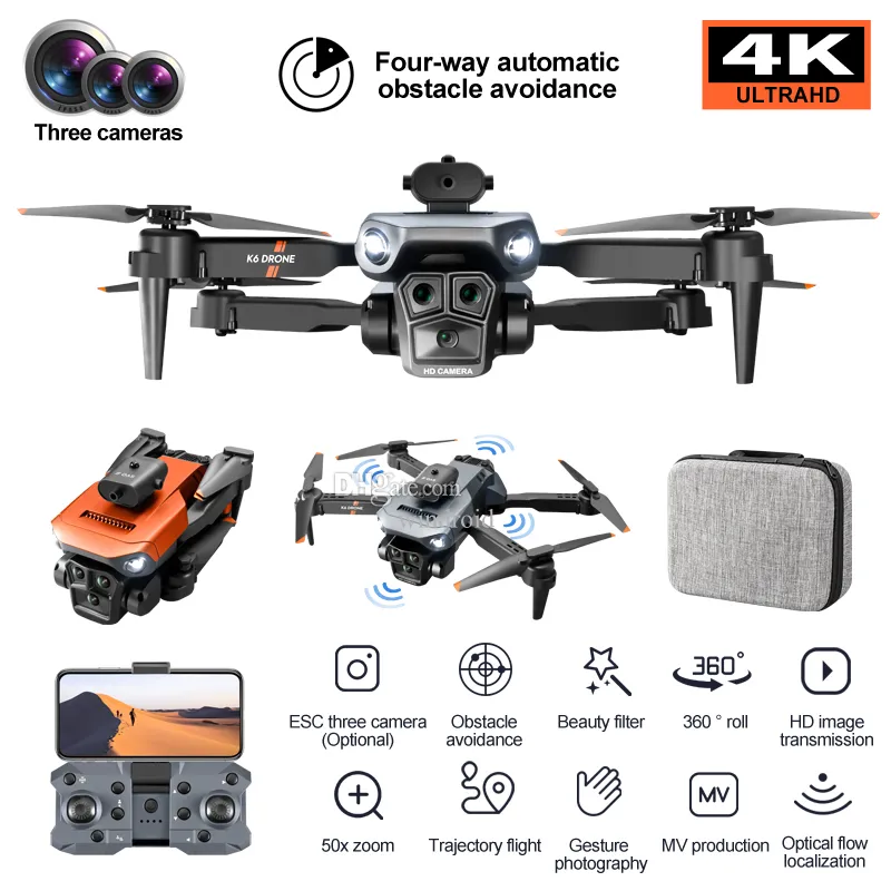 K6 Max Drone Three Camera 4K Professional HD Four Way Hinder Undvikande Optiskt flödespositionering som svävar Aerial Drone Toy