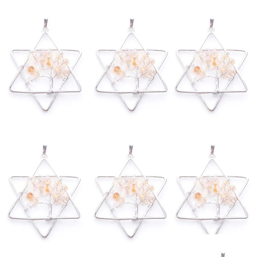 Pendentif Colliers Lumière Naturelle Citrine Gem Pierre Arbre De Vie À La Main Fil Couleur Enveloppé Pendentifs Étoiles Pour Bijoux Marquage N3809 D Dh8Ny