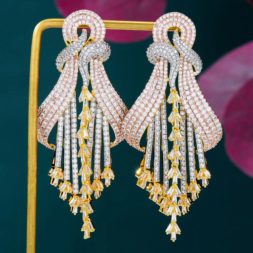 Noeud missvikki nouveau luxe doré Long grand pendentif boucles d'oreilles pour les femmes fête de mariage CZ Dubai boucles d'oreilles de mariée mode bijoux à la mode