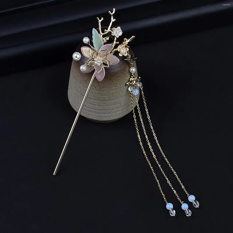 Hair Clips 3Pcs Chinese Chopsticks Tassel Flower Pins Handicrafts For Buns Hairs Fine Craftsmanship Jewelry Rhinestone Handmade