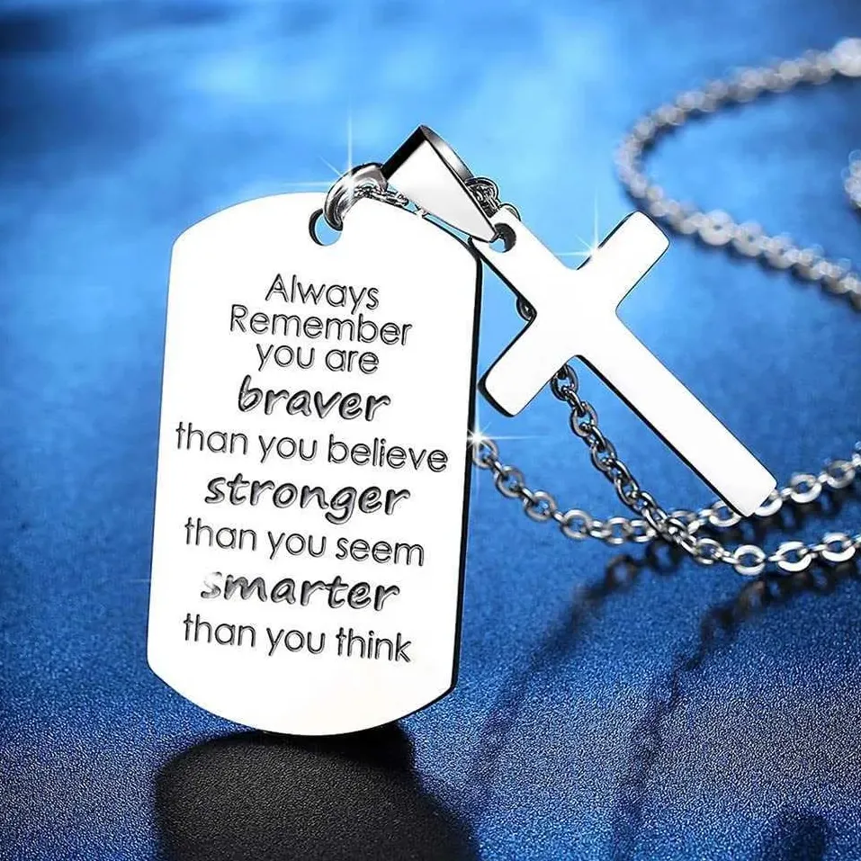 Titanium Stainless Steel Cross Pendant Necklace Jewelry To My Son Believe In Yourself Gifts For Son Braver Stronger Smarter Silver Color Necklaces Wholesale