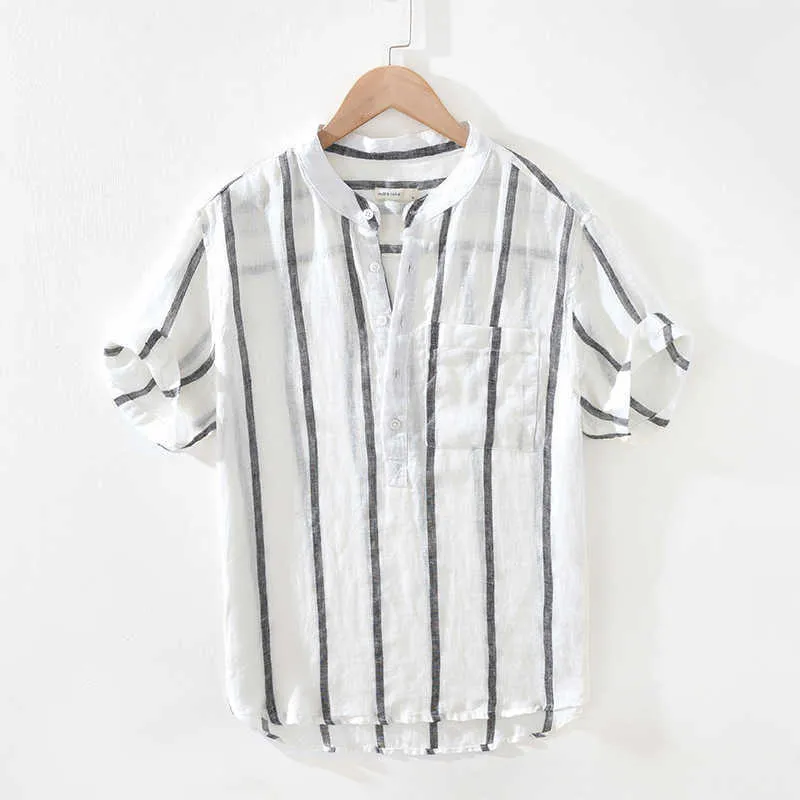 Chemises décontractées pour hommes Littérature et Art Chemise à manches courtes en lin à rayures rétro Chemise en lin à col montant ample pour hommes AA230523