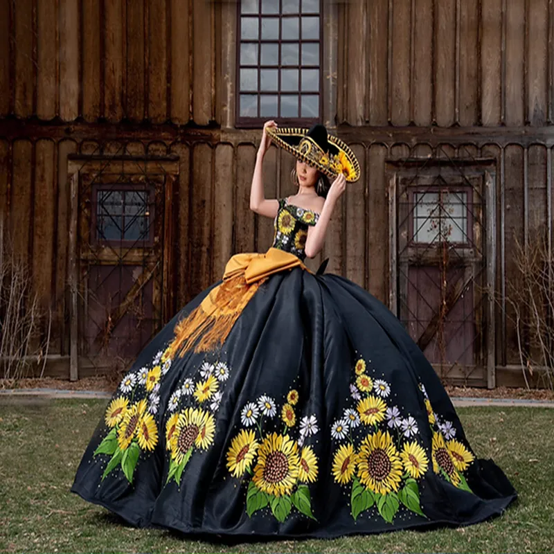 Sun Flower Embroidery princess Quinceanera Dresses Off Shoulder Black Mexican charro prom Sweet 16 Dresses Vestidos De 15 ANos