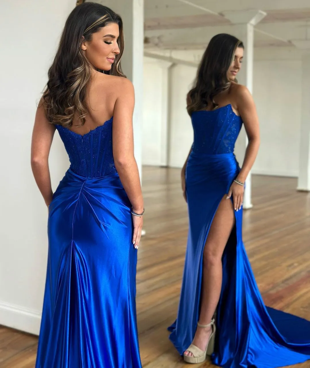 2025 Sherri Hill Prom Dresses Pics Royal Blue Satin Corset Prom Dress With  Slit  FD6141 Custom