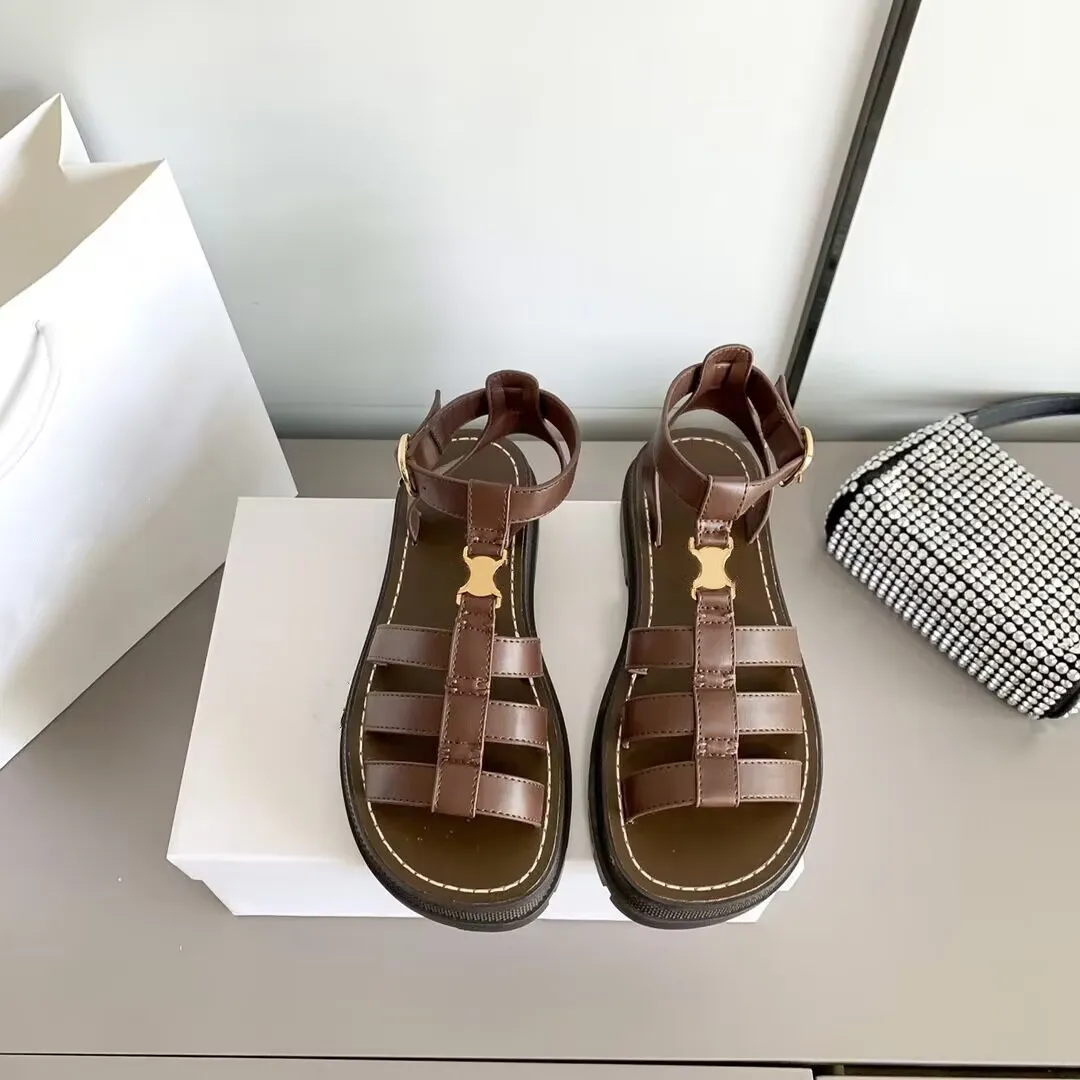 Tjock tb cdandals svart brun triomphe g bottom ridged ff sole kvinnor sandal designer skor plattform läder glider ankel spännband