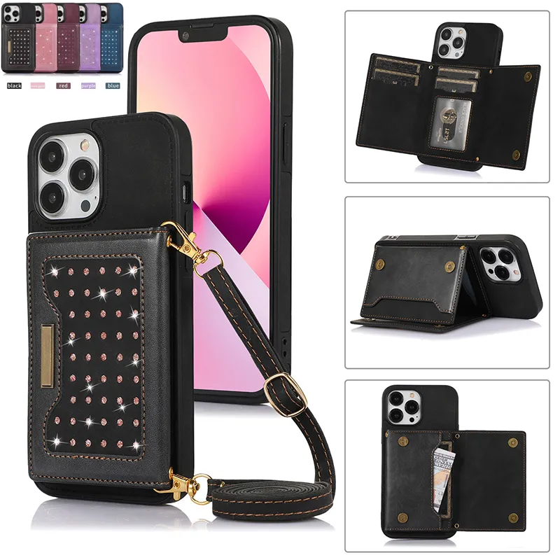 Fashion Women Handbag Case Plost Case Leather PU مع حامل بطاقة لـ iPhone 11 12 13 Mini 14 15 Plus Pro Max X XS XR XSMax 7 8 Plus Cover Cover Back Bage