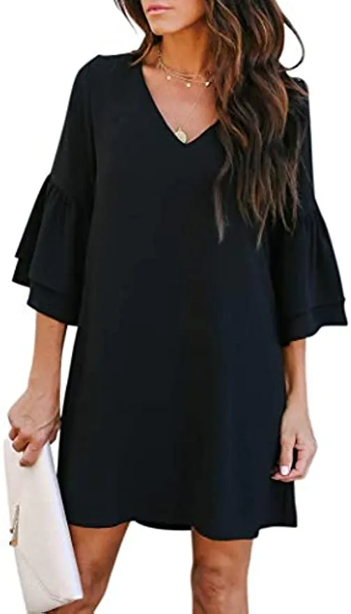 Sweet V-Neck Bell Sleeve Shift Black Dress with Sleeves - Women's Summer Fashion 2023 - Perfect for Weddings and Graduations