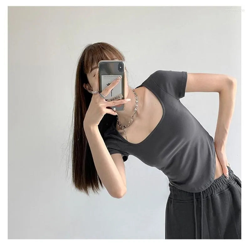 Women's Blouses Summer Knitted Cotton Chic Square Coller Crop Top Simplicity Design Sense Curved Hem Casual High Street Shirts