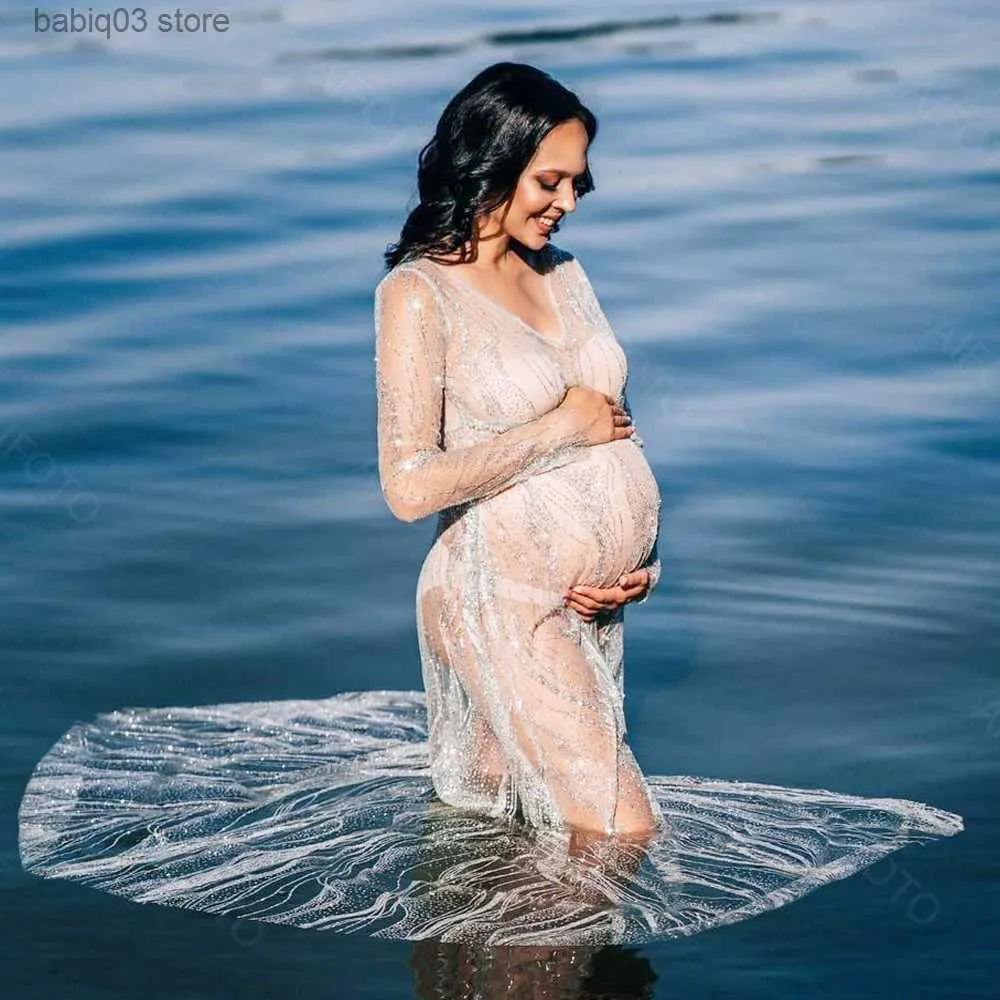 Sukienki macierzyńskie bohemijska koronkowa sukienka macierzyńska do sesji zdjęciowej Bling Glitter Pełne rękawy Ubrania sesja zdjęciowa Baby Shower sukienka fotograficzna T230523